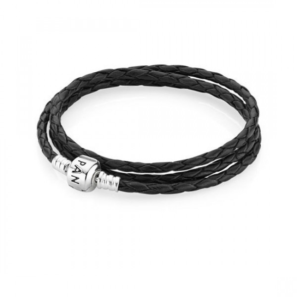 Pandora Black Braided Triple-Leather Charm Bracelet