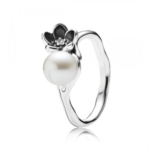 Pandora Mystic Floral Stackable Ring Pearl Black Enamel